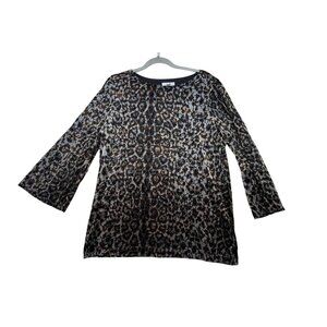 Susan Graver Womens Leopard Print Long Open Sleeve Tunic Top L Black Brown Stret